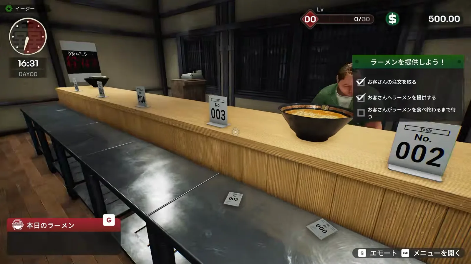 Japanese Ramen Simulator tutorial customer in a green shirt sitting at the counter in front of a served ramen bowl and a No. 002 table sign, with the checklist still waiting on “wait for the customer to finish eating”