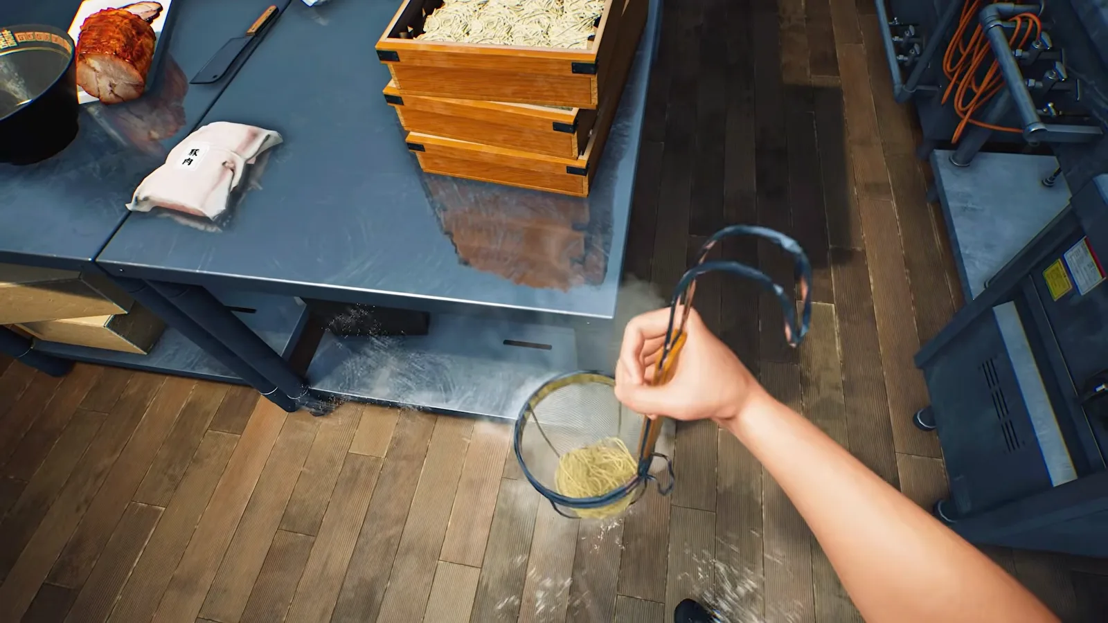 Japanese Ramen Simulator first-person noodle straining with a wire basket of fresh noodles beside stacked wooden noodle boxes on the stainless prep table Japanese Ramen Simulator first-person noodle straining with a wire basket of fresh noodles beside stacked wooden noodle boxes on the stainless prep table