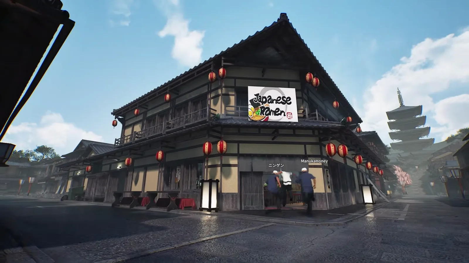 Japanese Ramen Simulator two-story corner shop with the game logo sign red lanterns and named crew members heading inside for an opening shift with a pagoda on the skyline Japanese Ramen Simulator two-story corner shop with the game logo sign red lanterns and named crew members heading inside for an opening shift with a pagoda on the skyline
