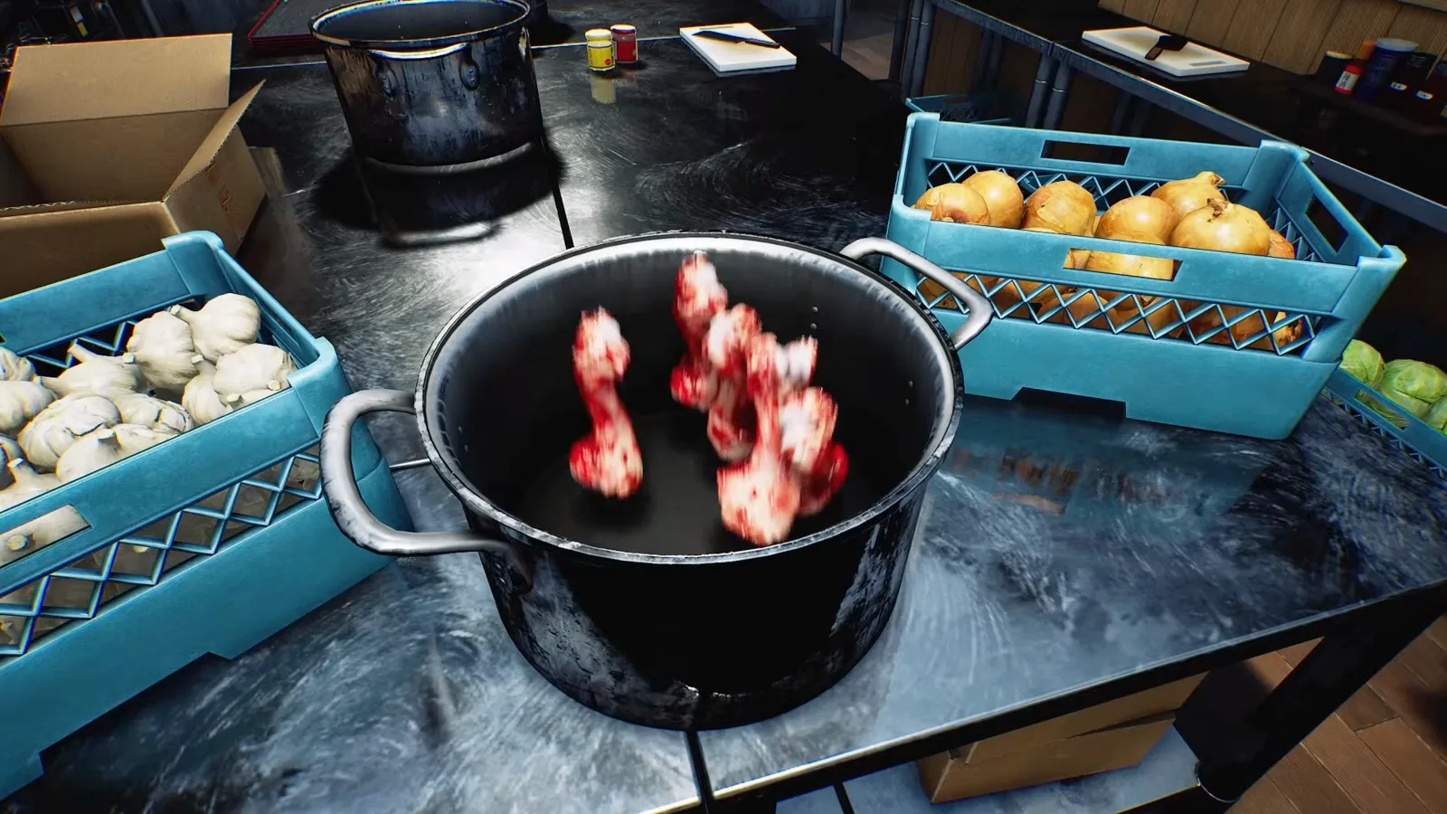 Japanese Ramen Simulator kitchen prep sink showing genkotsu pork bone soaking under cold running water faucet
