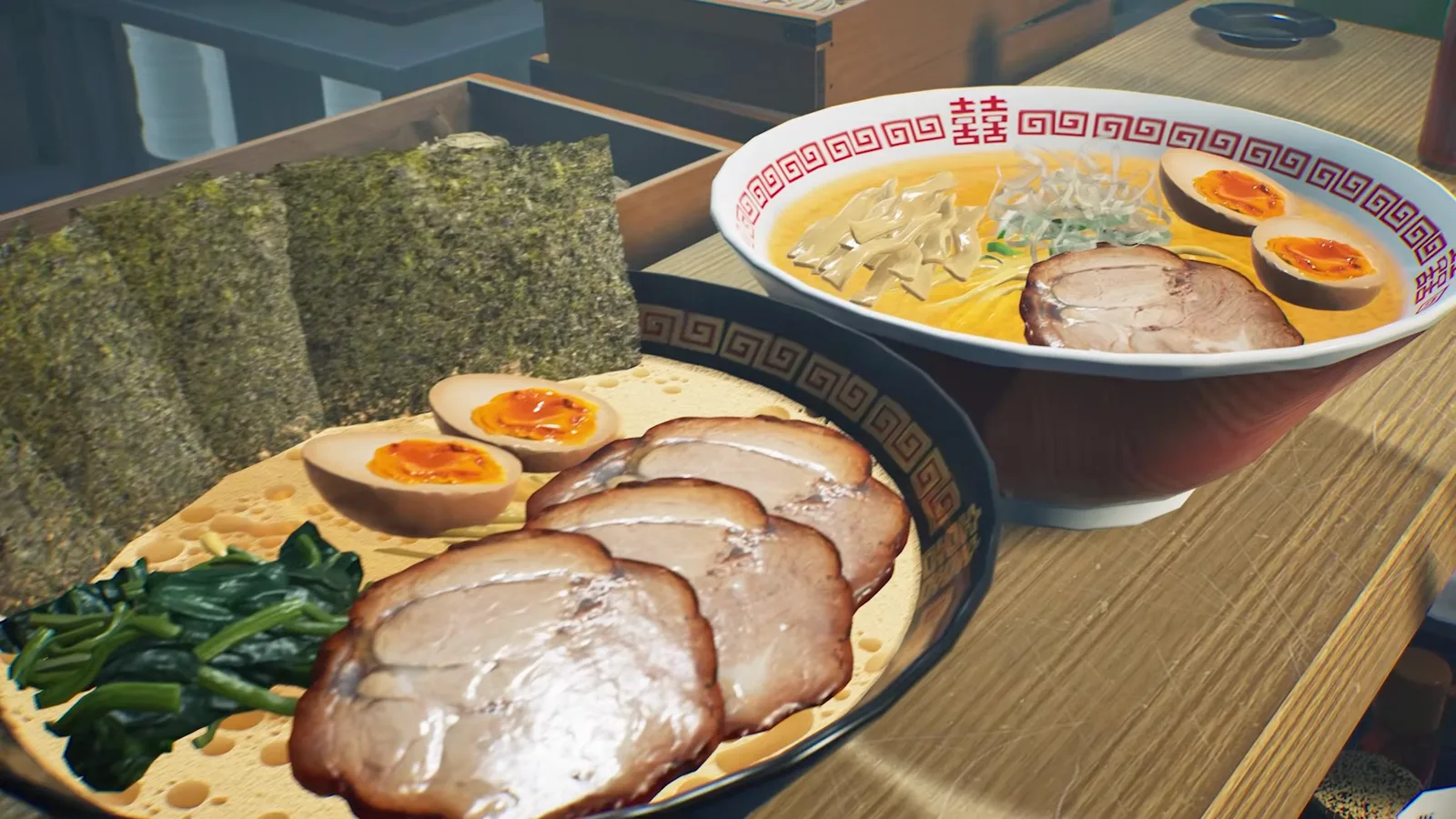 Japanese Ramen Simulator multi-bowl service counter with cooked rice bowls eggs and perfect broth servings ready for critics