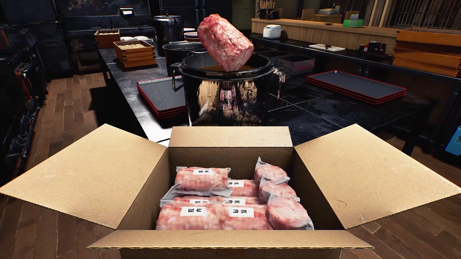 Japanese Ramen Simulator simmer station with boiling stockpot producing rich aromatic steam in commercial kitchen