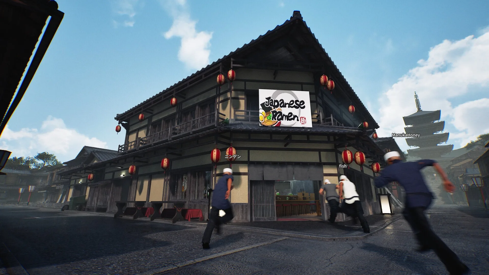 Official Japanese Ramen Simulator Steam store screenshot (not casino footage): a two-storey wooden ramen shop on a cobbled street corner, lanterns along the eaves, a Japanese Ramen signboard with a bowl logo on the upper floor, a pagoda in the background and several players sprinting for the noren entrance. Where the gambling hall sits is not stated by the developer