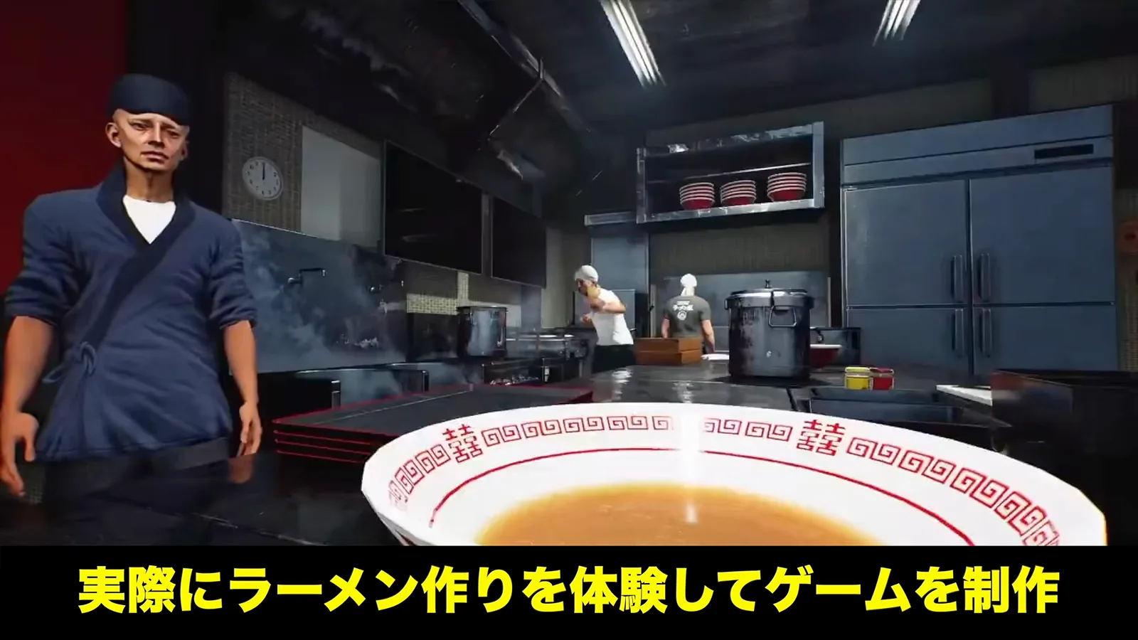 Japanese Ramen Simulator food critic tasting hot broth and evaluating noodle texture at restaurant counter