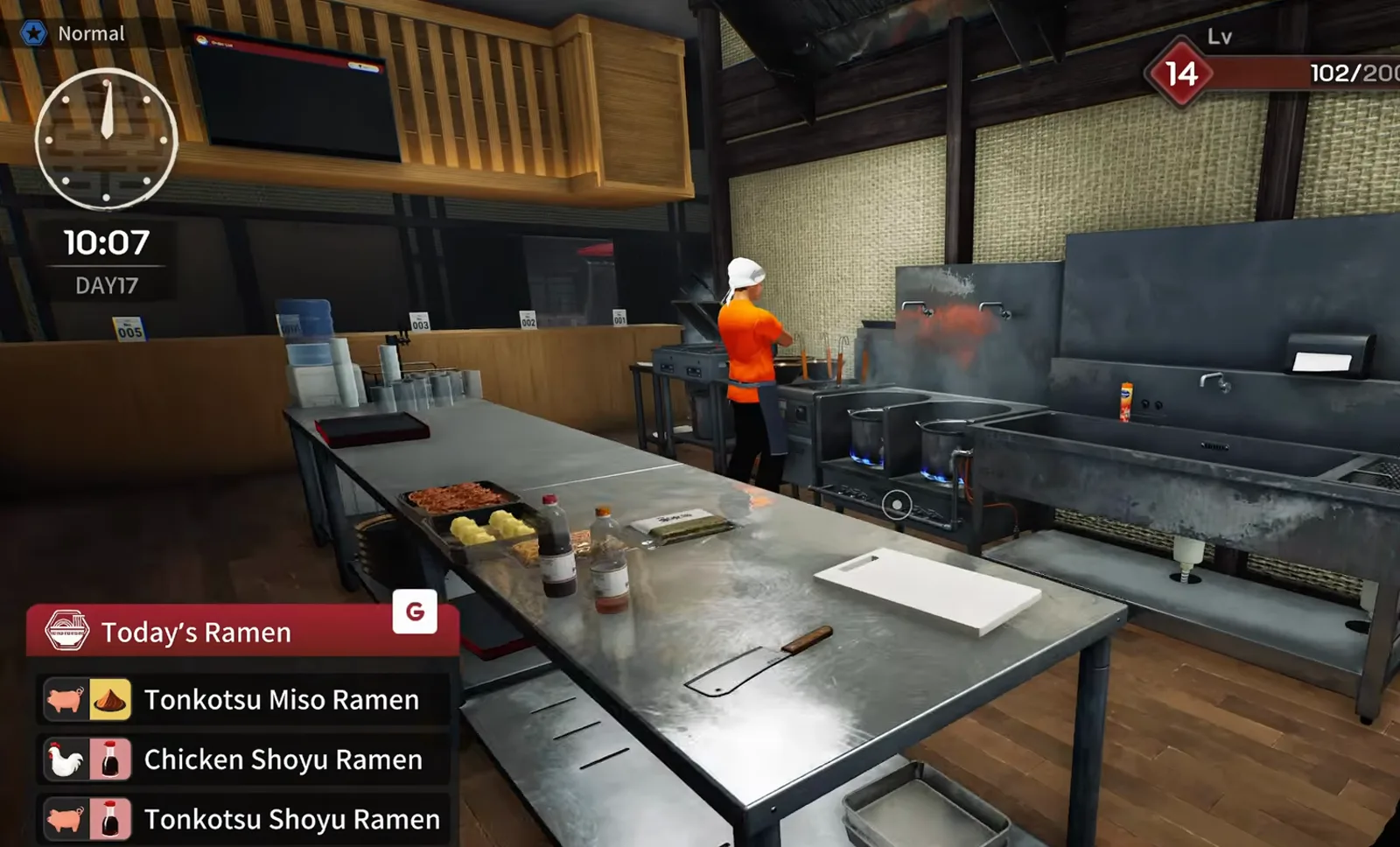 Japanese Ramen Simulator opening prep at 10:07 on day 17 with the Today’s Ramen panel listing tonkotsu miso, chicken shoyu and tonkotsu shoyu recipes beside stacked serving trays on the steel pass Japanese Ramen Simulator opening prep at 10:07 on day 17 with the Today’s Ramen panel listing tonkotsu miso, chicken shoyu and tonkotsu shoyu recipes beside stacked serving trays on the steel pass