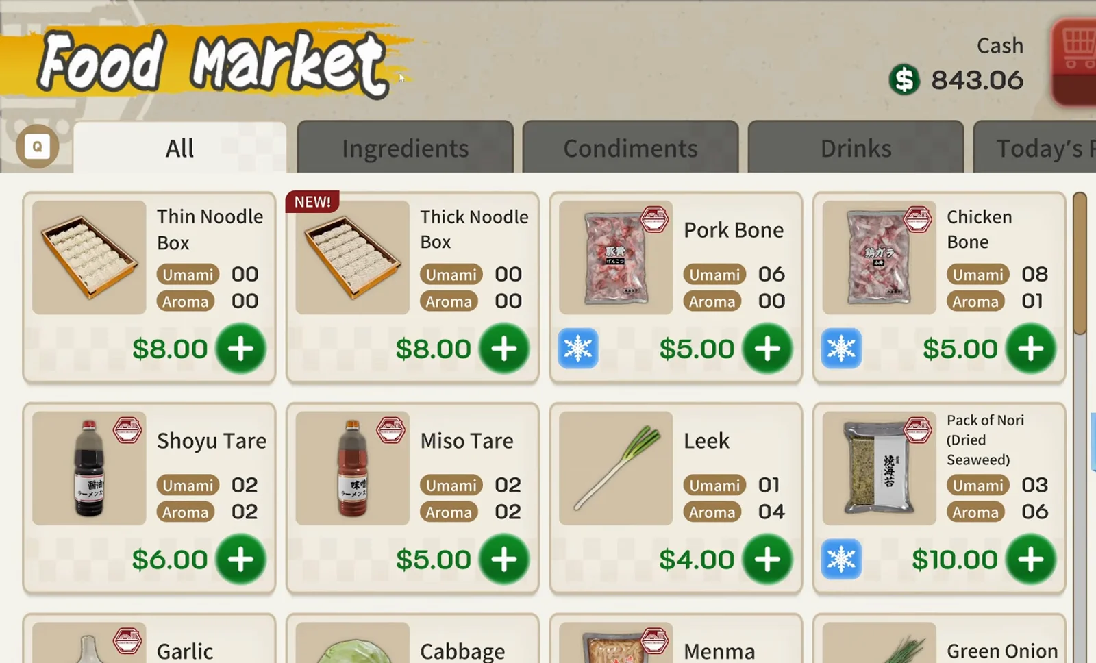 Japanese Ramen Simulator Food Market terminal catalog with menma packs showing umami and aroma stats beside garlic cabbage and nori cards during a mid-shift restock order Japanese Ramen Simulator Food Market terminal catalog with menma packs showing umami and aroma stats beside garlic cabbage and nori cards during a mid-shift restock order