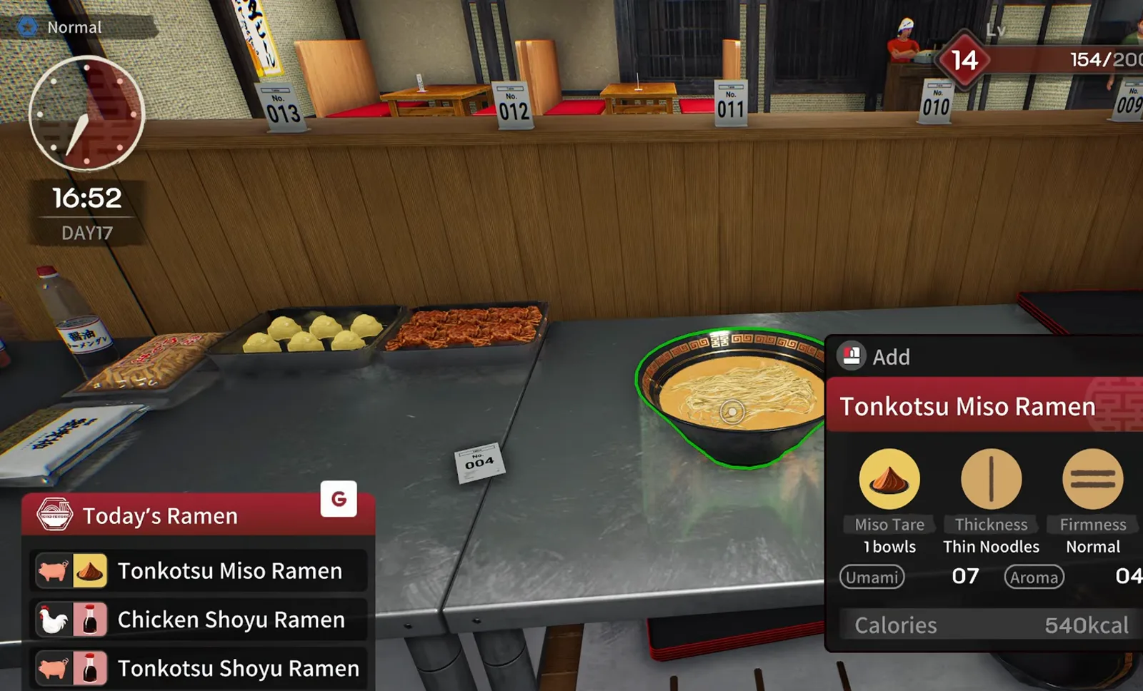 Japanese Ramen Simulator tonkotsu miso ramen bowl highlighted on the pass with the inspection card showing miso tare, thin noodles, normal firmness, umami 07 and ticket 004 on the counter Japanese Ramen Simulator tonkotsu miso ramen bowl highlighted on the pass with the inspection card showing miso tare, thin noodles, normal firmness, umami 07 and ticket 004 on the counter