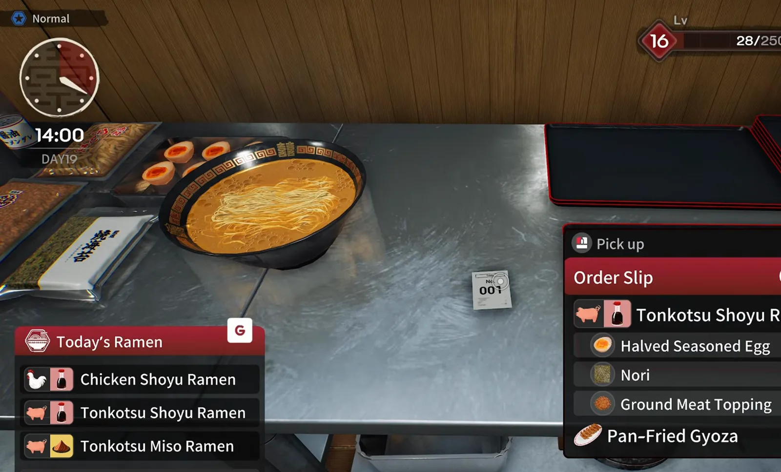 Japanese Ramen Simulator order slip for ticket 001 listing tonkotsu shoyu ramen with halved seasoned egg, nori, ground meat topping and pan-fried gyoza above a bowl mid-assembly Japanese Ramen Simulator order slip for ticket 001 listing tonkotsu shoyu ramen with halved seasoned egg, nori, ground meat topping and pan-fried gyoza above a bowl mid-assembly