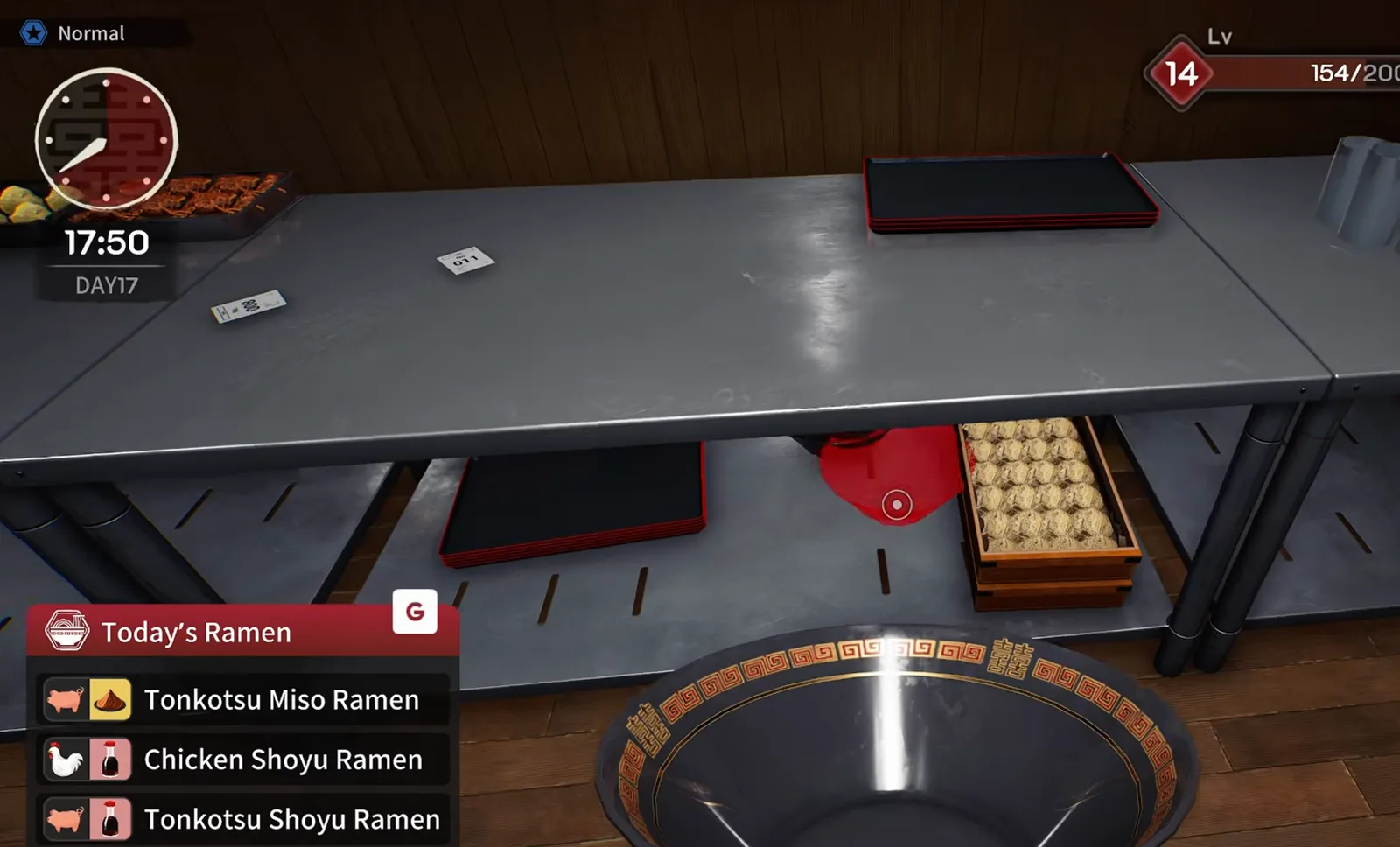 Japanese Ramen Simulator afternoon pass with two paper order tickets beside a black serving tray while the player holds an empty patterned ramen bowl under the Today’s Ramen menu Japanese Ramen Simulator afternoon pass with two paper order tickets beside a black serving tray while the player holds an empty patterned ramen bowl under the Today’s Ramen menu