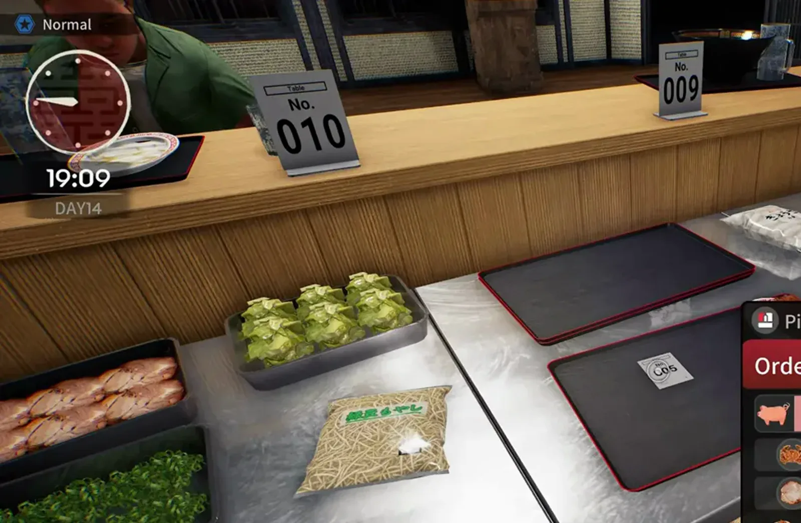 Japanese Ramen Simulator dinner rush at 19:09 on day 14 with order tickets No. 010 and 009 on the wooden counter, prep trays of sliced chashu, cabbage and chopped greens, and a bag of noodles on the steel pass Japanese Ramen Simulator dinner rush at 19:09 on day 14 with order tickets No. 010 and 009 on the wooden counter, prep trays of sliced chashu, cabbage and chopped greens, and a bag of noodles on the steel pass