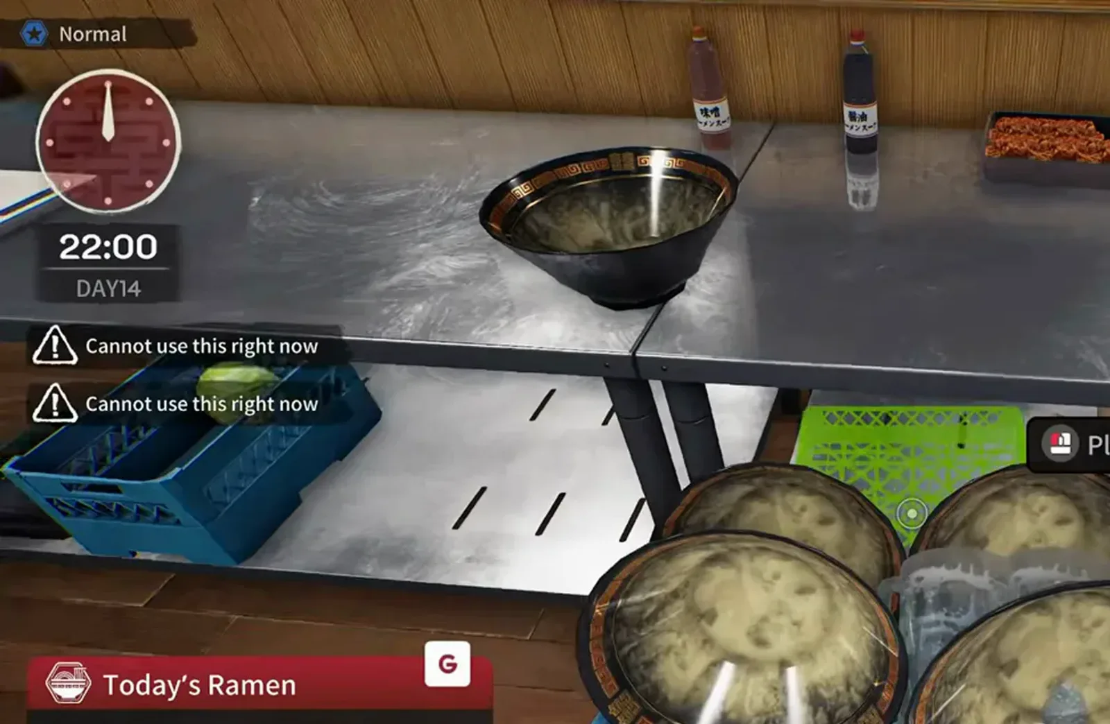 Japanese Ramen Simulator 22:00 on day 14 with used ramen bowls holding leftover broth stacked under the steel pass beside a blue crate with a cabbage, and two Cannot use this right now notices Japanese Ramen Simulator 22:00 on day 14 with used ramen bowls holding leftover broth stacked under the steel pass beside a blue crate with a cabbage, and two Cannot use this right now notices