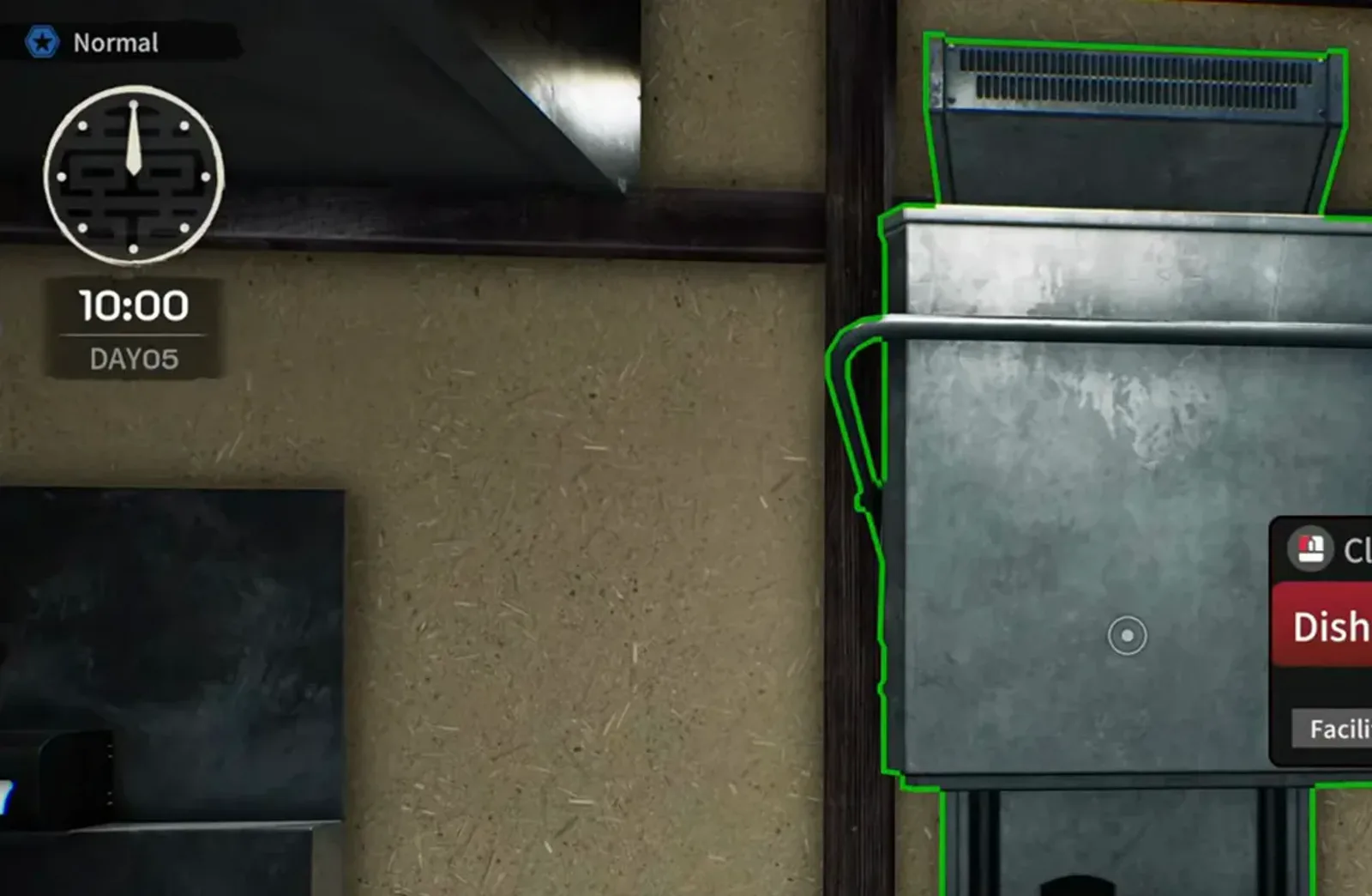 Japanese Ramen Simulator stainless commercial dishwasher outlined in green with its interaction prompt at the right edge at 10:00 on day 5, beside a dark panel on the kitchen wall Japanese Ramen Simulator stainless commercial dishwasher outlined in green with its interaction prompt at the right edge at 10:00 on day 5, beside a dark panel on the kitchen wall