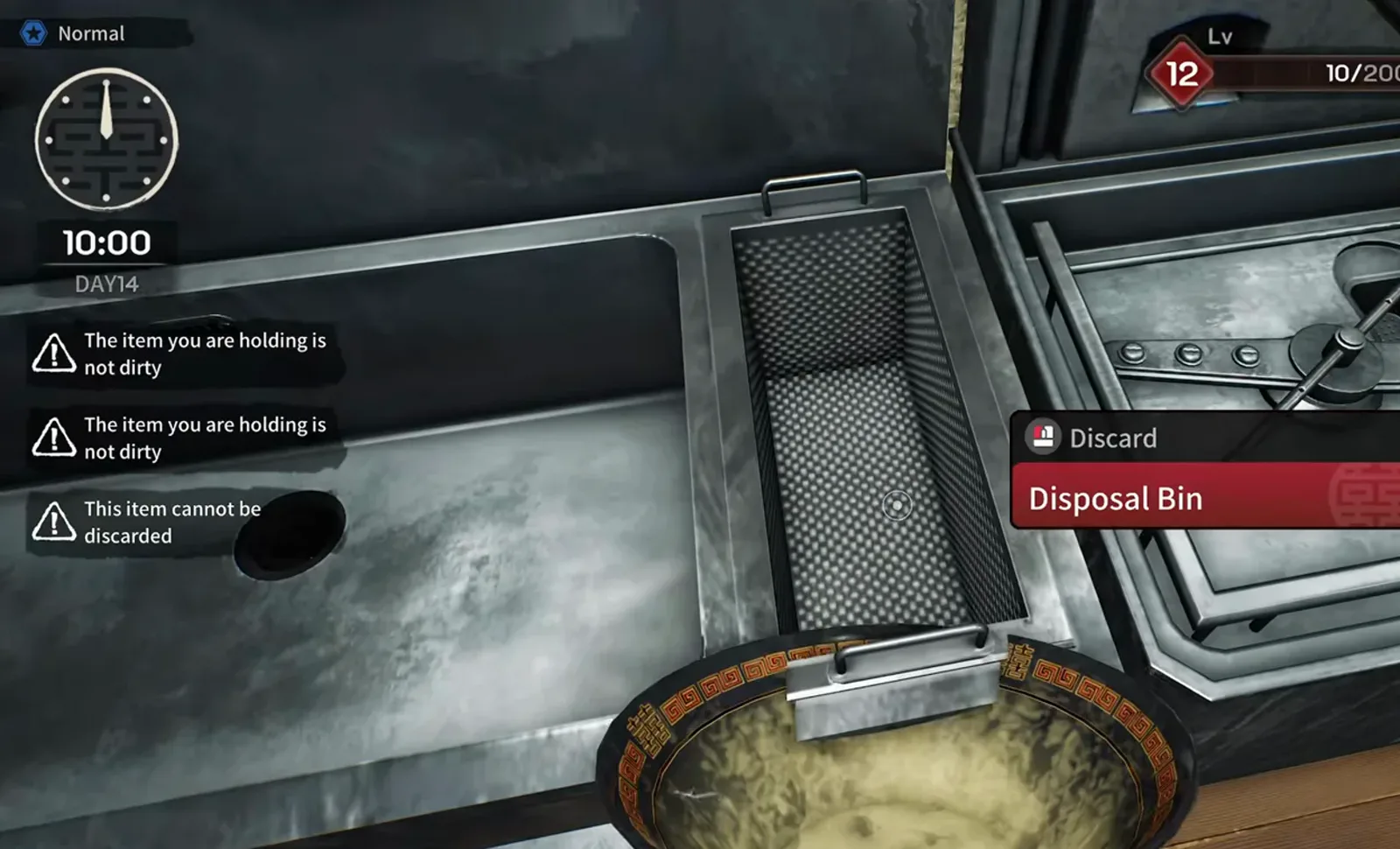 Japanese Ramen Simulator first-person view at the stainless sink pointing the Discard prompt at the left disposal bin before scrubbing a used ramen bowl Japanese Ramen Simulator first-person view at the stainless sink pointing the Discard prompt at the left disposal bin before scrubbing a used ramen bowl