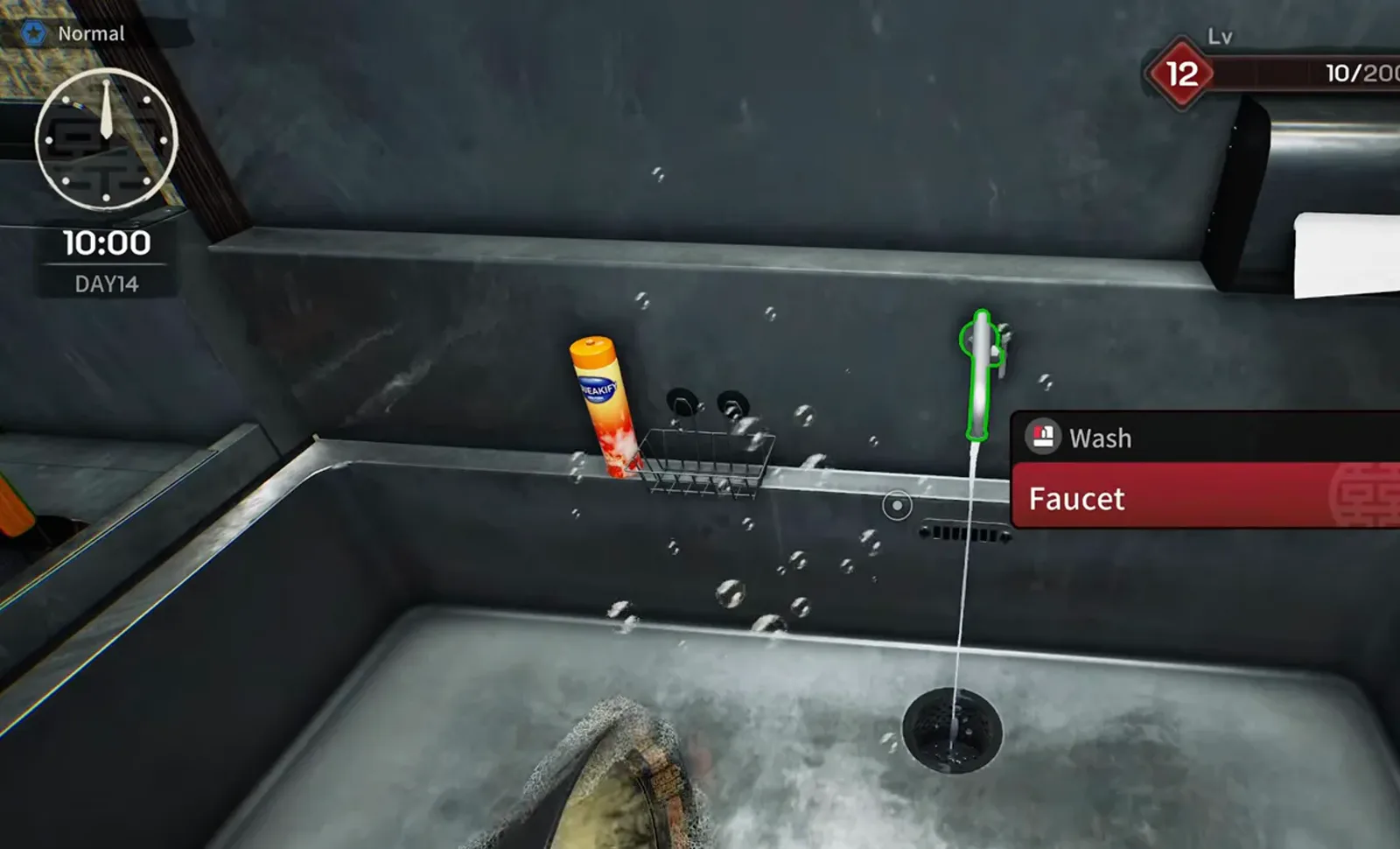 Japanese Ramen Simulator first-person view at the prep sink with the Wash Faucet prompt, a running water stream, soap bubbles and a used ramen bowl in the basin on day 14 Japanese Ramen Simulator first-person view at the prep sink with the Wash Faucet prompt, a running water stream, soap bubbles and a used ramen bowl in the basin on day 14