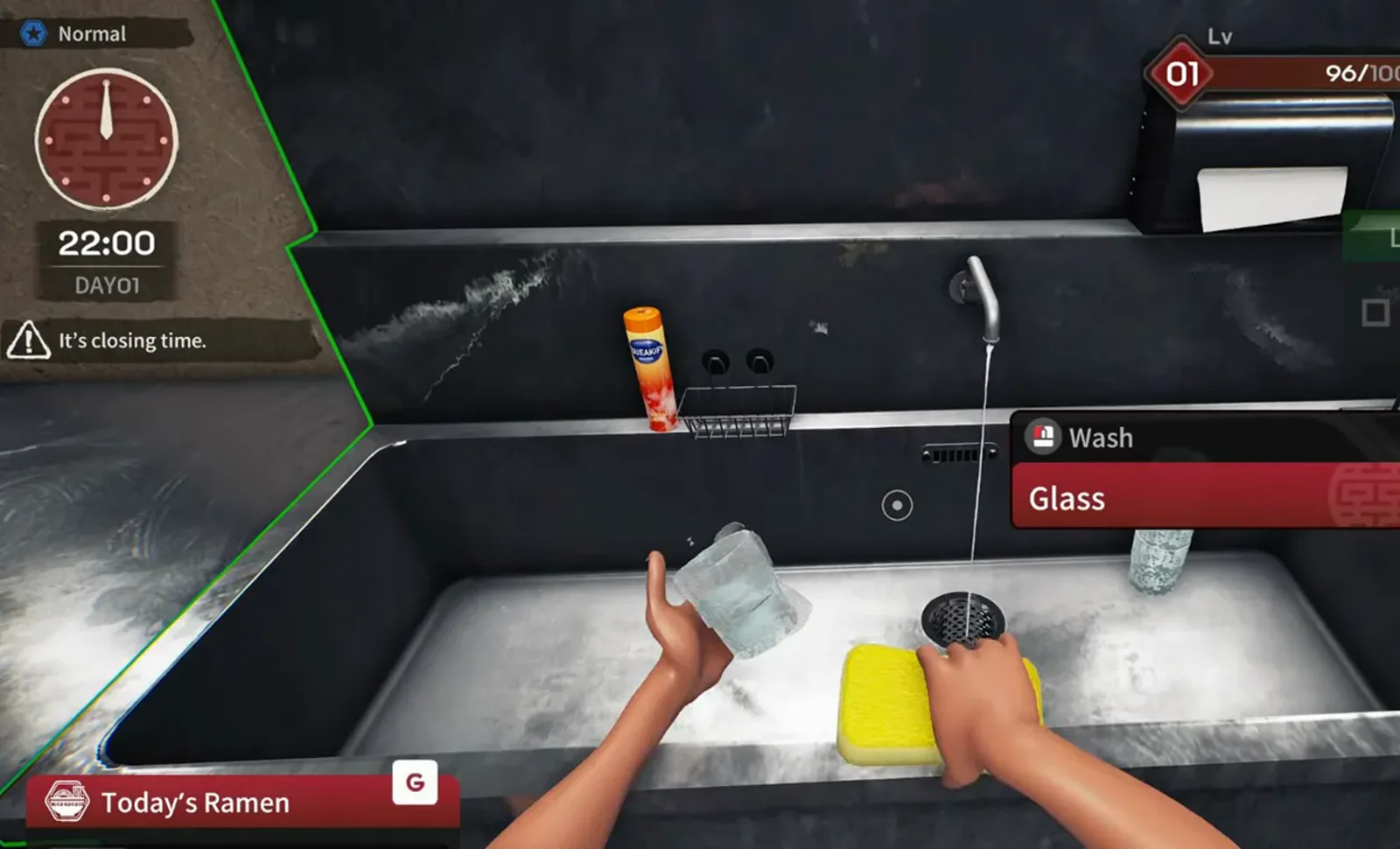 Japanese Ramen Simulator JMXP preview showing both hands washing a drinking glass with a yellow sponge in the prep sink while the Wash Glass UI bar fills Japanese Ramen Simulator JMXP preview showing both hands washing a drinking glass with a yellow sponge in the prep sink while the Wash Glass UI bar fills