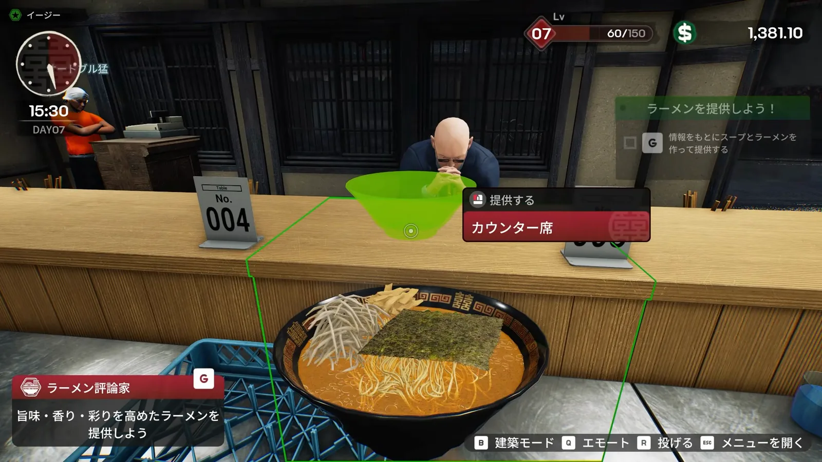 Japanese Ramen Simulator critic day at 15:30 on day 7: a stern bald critic in dark clothes studies a large nori-topped ramen bowl at counter seat No. 004 while the ramen-critic banner tracks aroma, flavor and color