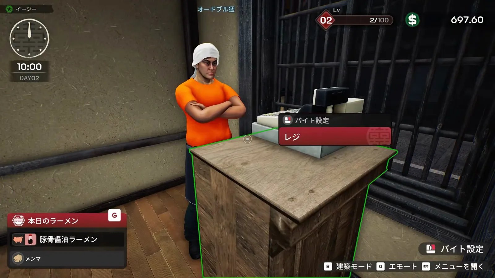 Japanese Ramen Simulator at 10:00 on day 2: the shopkeeper stands arms crossed beside the wooden register as the staff-assignment menu highlights the register station in green