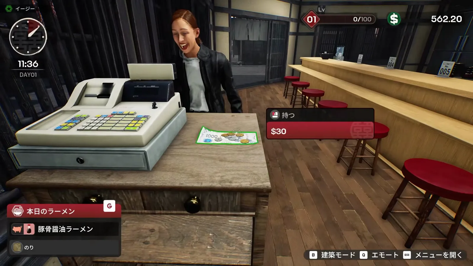Japanese Ramen Simulator late-morning service on day 1 at 11:36: a customer in a black jacket pays $50 at the vintage cash register as the lunch rush builds toward noon