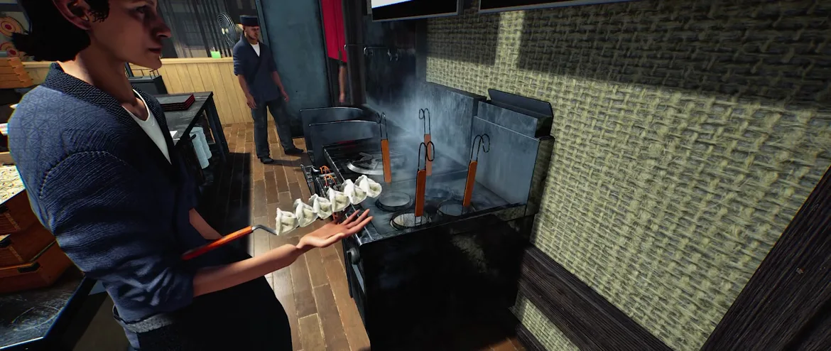 Japanese Ramen Simulator noodle boiler counter with four round burners, long-handled wire noodle baskets hanging over them, a metal splash guard and visible steam Japanese Ramen Simulator noodle boiler counter with four round burners, long-handled wire noodle baskets hanging over them, a metal splash guard and visible steam