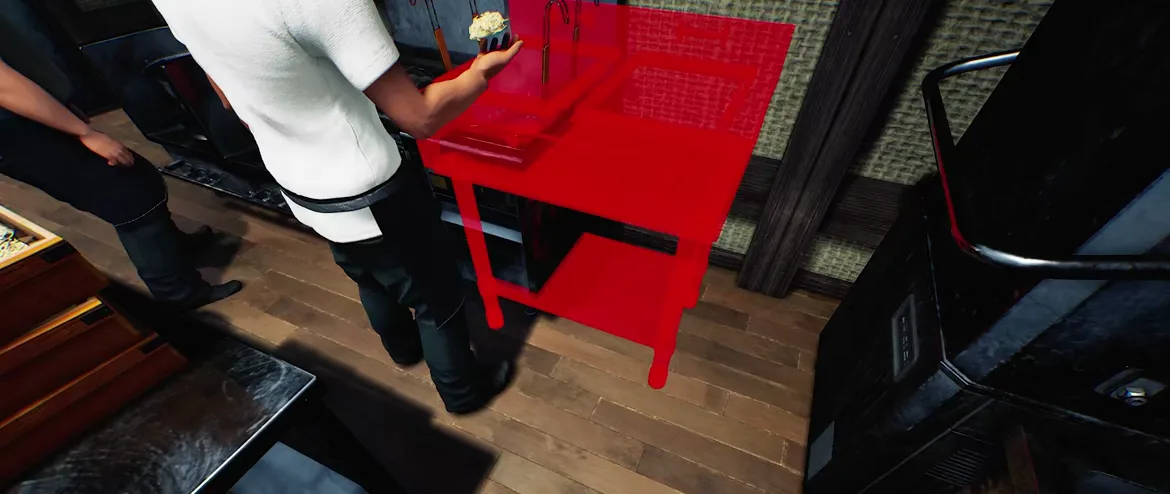 Japanese Ramen Simulator placement mode with a two-tier stainless kitchen unit flooded solid red because its footprint overlaps the woven wall panel and the neighbouring counter, marking an invalid spot Japanese Ramen Simulator placement mode with a two-tier stainless kitchen unit flooded solid red because its footprint overlaps the woven wall panel and the neighbouring counter, marking an invalid spot