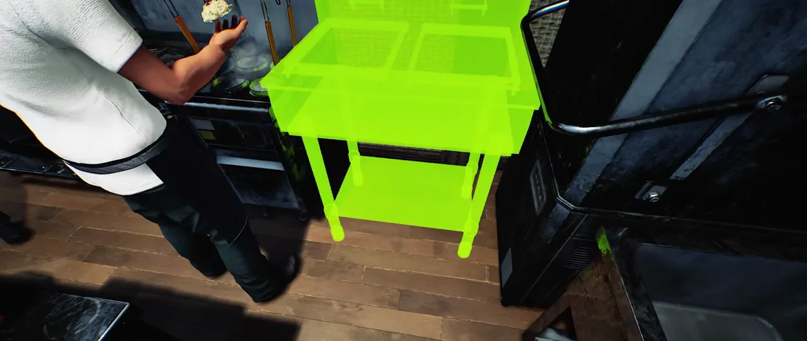 Japanese Ramen Simulator placement mode showing the same two-tier stainless unit flooded solid green once it is slid into the empty gap beside the black range, marking a valid placement Japanese Ramen Simulator placement mode showing the same two-tier stainless unit flooded solid green once it is slid into the empty gap beside the black range, marking a valid placement
