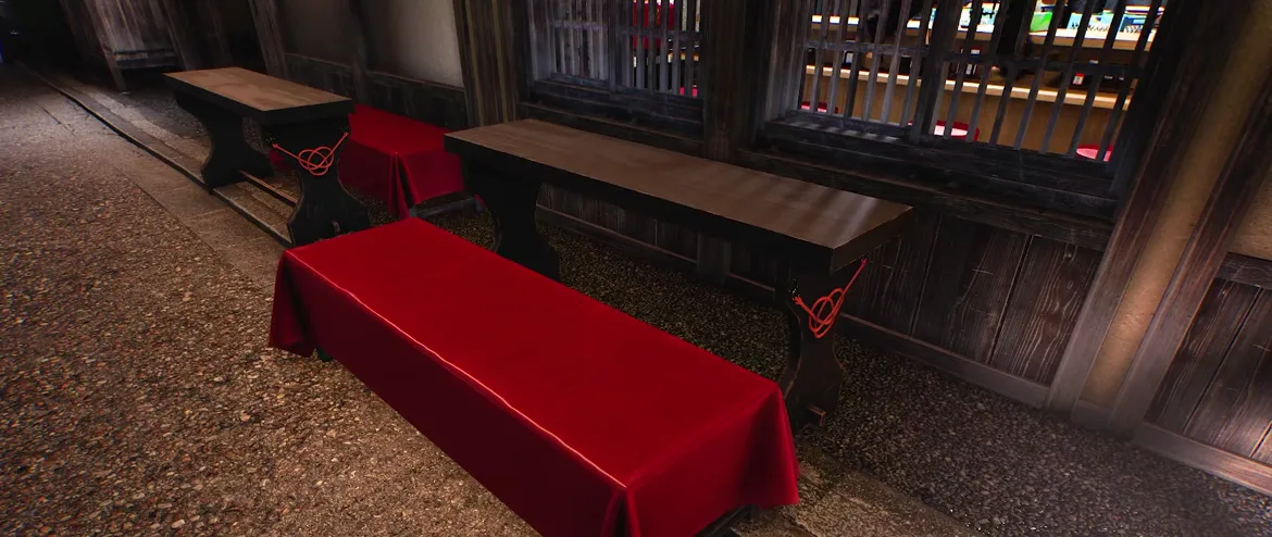 Japanese Ramen Simulator dining row with no placement highlight showing a bench covered in glossy red cloth in front of dark wooden benches whose legs carry decorative knotted red cords Japanese Ramen Simulator dining row with no placement highlight showing a bench covered in glossy red cloth in front of dark wooden benches whose legs carry decorative knotted red cords