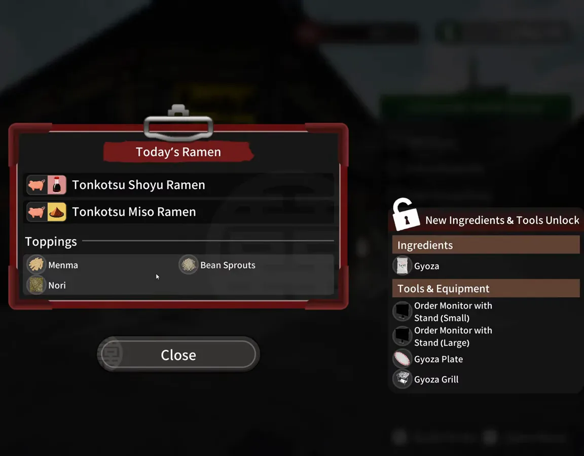Japanese Ramen Simulator morning unlock panel in English showing tonkotsu shoyu and tonkotsu miso on the daily menu with a new ingredients and tools list of gyoza, order monitor stands, a gyoza plate and a gyoza grill Japanese Ramen Simulator morning unlock panel in English showing tonkotsu shoyu and tonkotsu miso on the daily menu with a new ingredients and tools list of gyoza, order monitor stands, a gyoza plate and a gyoza grill
