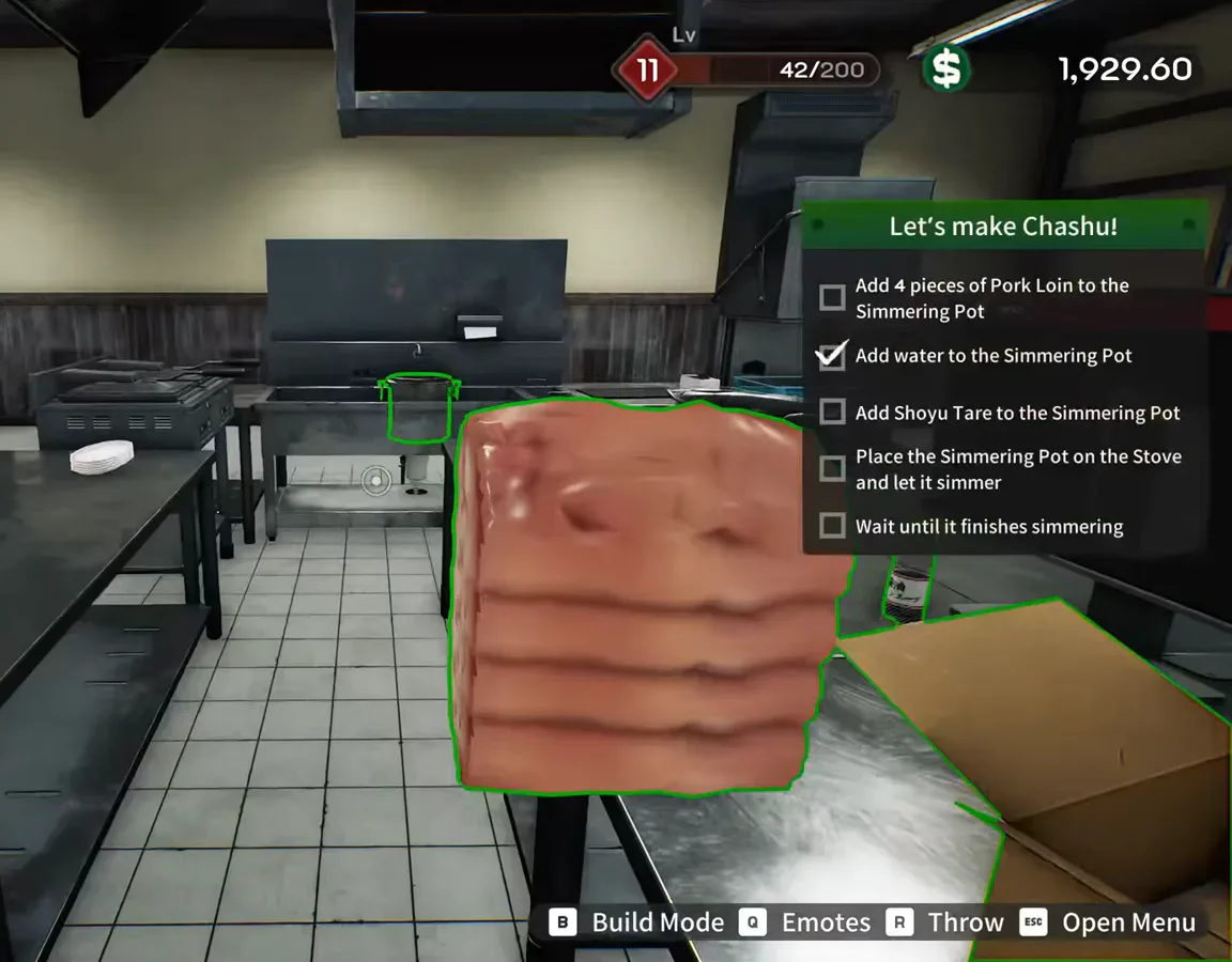 Japanese Ramen Simulator kitchen at level 11 showing a raw pork loin block highlighted green beside a Let’s make Chashu checklist that says to add four pieces of pork loin and water and shoyu tare to the simmering pot and let it simmer Japanese Ramen Simulator kitchen at level 11 showing a raw pork loin block highlighted green beside a Let’s make Chashu checklist that says to add four pieces of pork loin and water and shoyu tare to the simmering pot and let it simmer