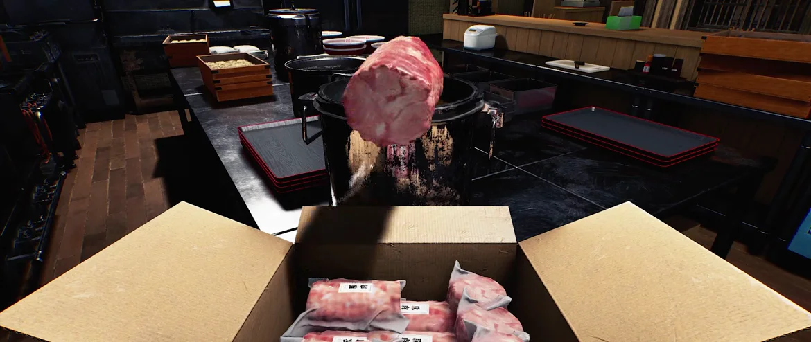 Official Japanese Ramen Simulator gameplay clip frame: an open kraft-paper delivery box lined with vacuum-packed meat while a whole chashu pork log is lifted above a stock pot, first-person view in the kitchen