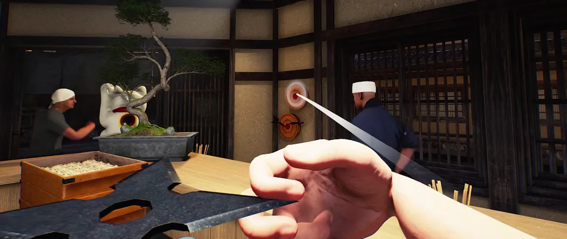 Official Japanese Ramen Simulator gameplay clip frame: a first-person hand raising a large black shuriken beside a white lucky-cat statue and a bonsai on the counter, staff working at the kitchen pass behind Official Japanese Ramen Simulator gameplay clip frame: a first-person hand raising a large black shuriken beside a white lucky-cat statue and a bonsai on the counter, staff working at the kitchen pass behind