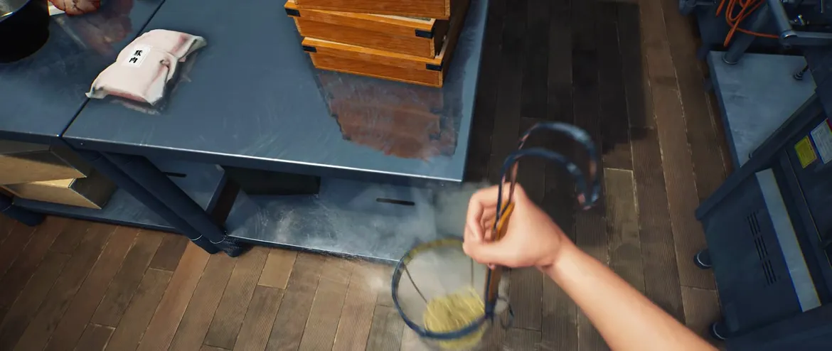 Official Japanese Ramen Simulator gameplay clip frame: a hand lifting a strainer of yellow noodles out of a steaming pot, a vacuum-packed block and stacked wooden steamer drawers on the steel prep table behind