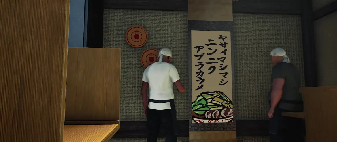 Official Japanese Ramen Simulator gameplay clip frame: a hanging scroll painted with brushstroke order codewords and a ramen-bowl illustration, two round targets on the wall and two staff standing by