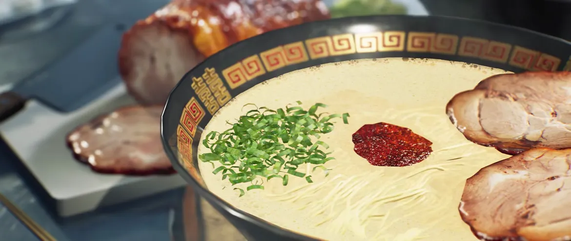 Official Japanese Ramen Simulator gameplay clip frame: close-up of a white paitan ramen bowl topped with chopped scallions, a dab of chili oil and chashu slices, the rest of the log still on the board behind