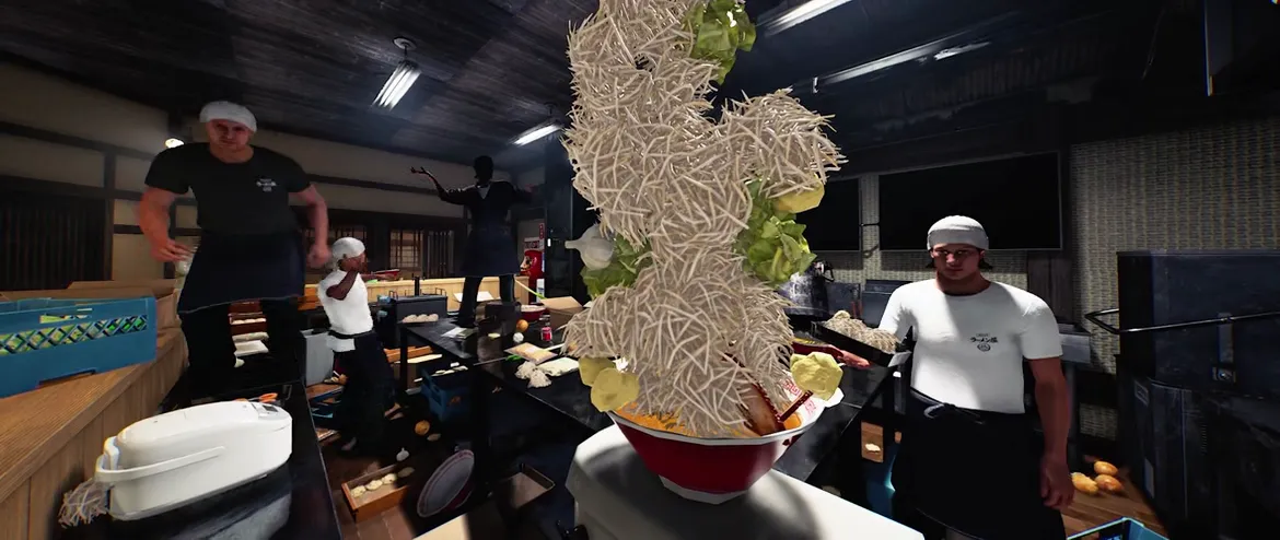 Official Japanese Ramen Simulator gameplay clip frame: first-person view of the dining room as a red bowl piled with a giant tower of bean sprouts is set on the counter, staff in white workwear standing around it