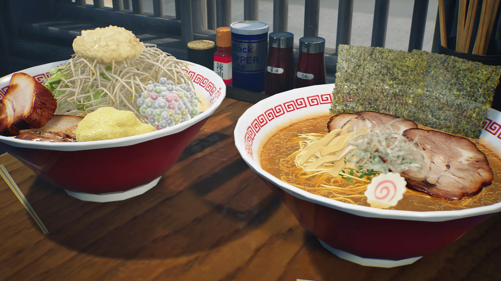 Official Japanese Ramen Simulator store screenshot: two finished ramen bowls side by side on a wooden table — one crowned with butter and corn, the other with chashu slices and a naruto fish cake — steam still rising off the noodles Official Japanese Ramen Simulator store screenshot: two finished ramen bowls side by side on a wooden table — one crowned with butter and corn, the other with chashu slices and a naruto fish cake — steam still rising off the noodles