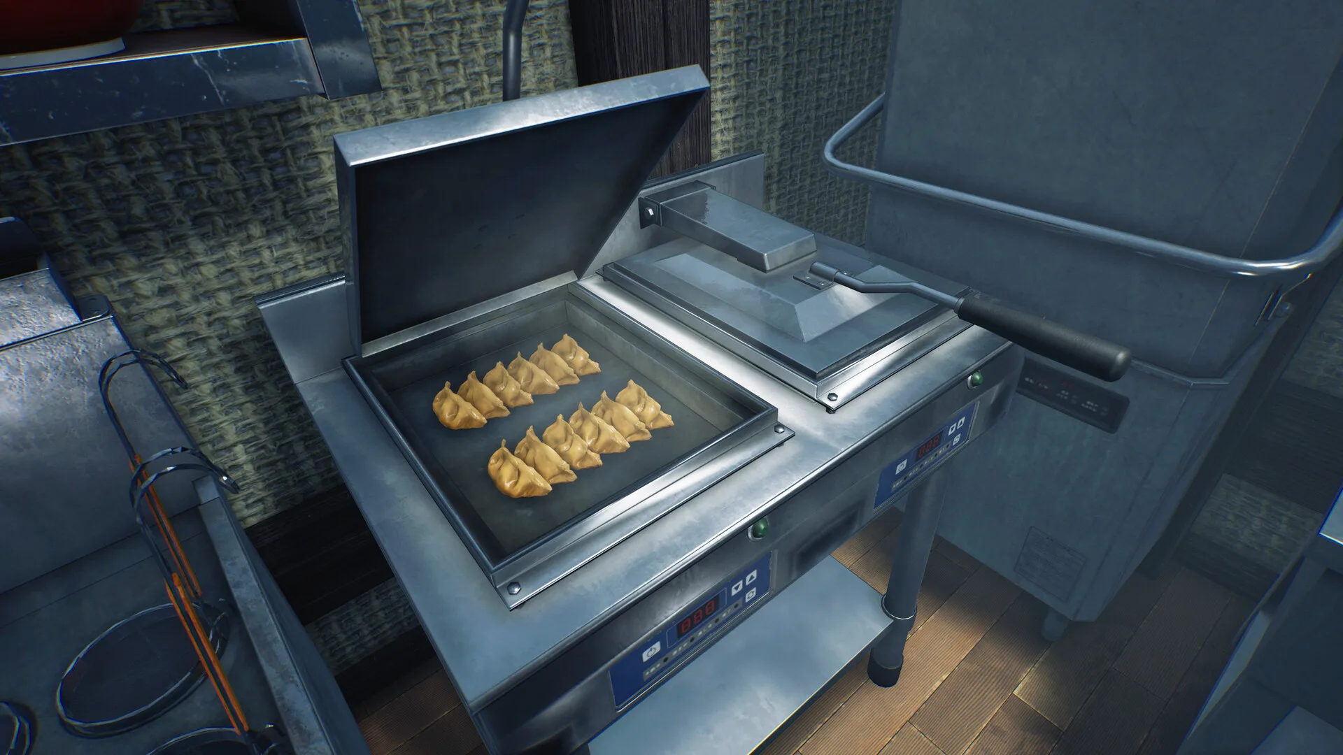 Official Japanese Ramen Simulator store screenshot: neat rows of gyoza across an open teppan griddle, the lid slid aside and steam rising off golden browned bottoms Official Japanese Ramen Simulator store screenshot: neat rows of gyoza across an open teppan griddle, the lid slid aside and steam rising off golden browned bottoms