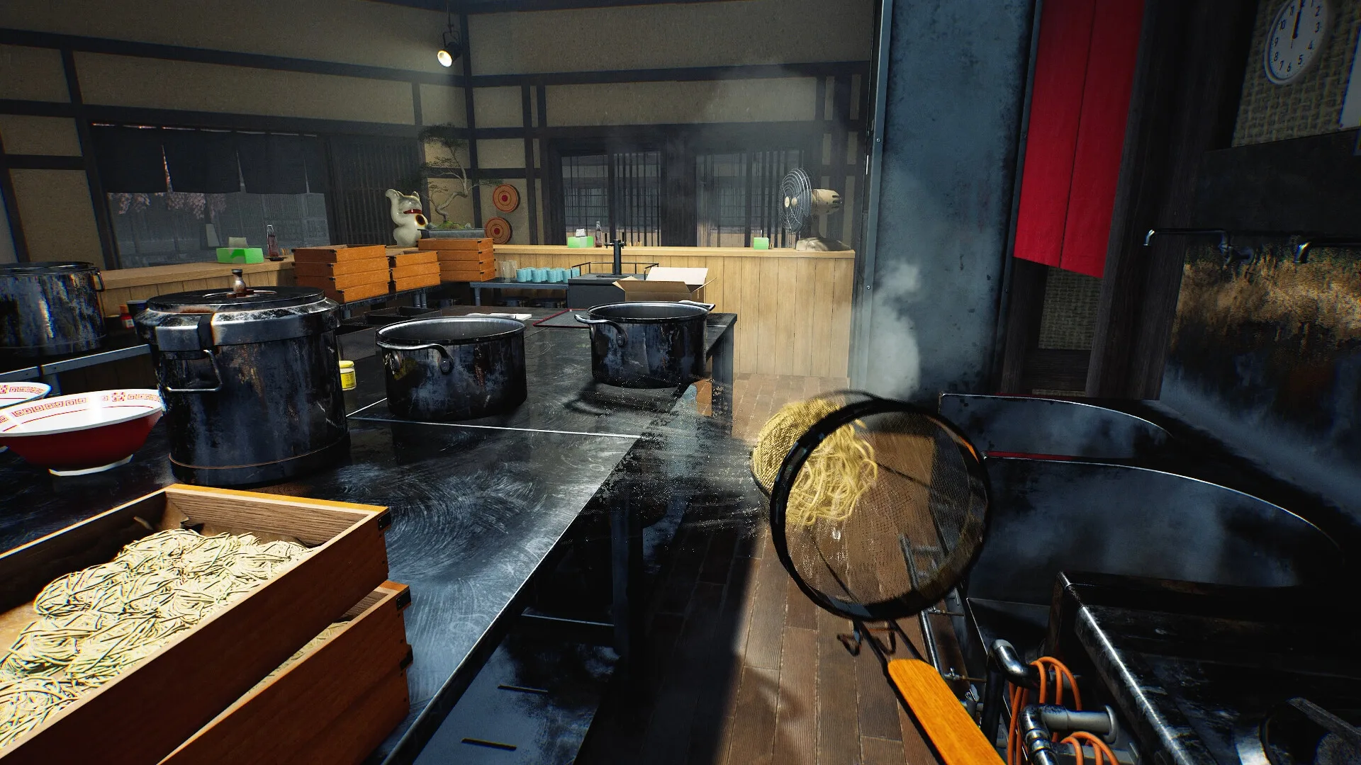 Official Japanese Ramen Simulator store screenshot: the kitchen back line with steaming pots, noodle baskets and stacked bowls, a cook reaching a hand into the steam Official Japanese Ramen Simulator store screenshot: the kitchen back line with steaming pots, noodle baskets and stacked bowls, a cook reaching a hand into the steam