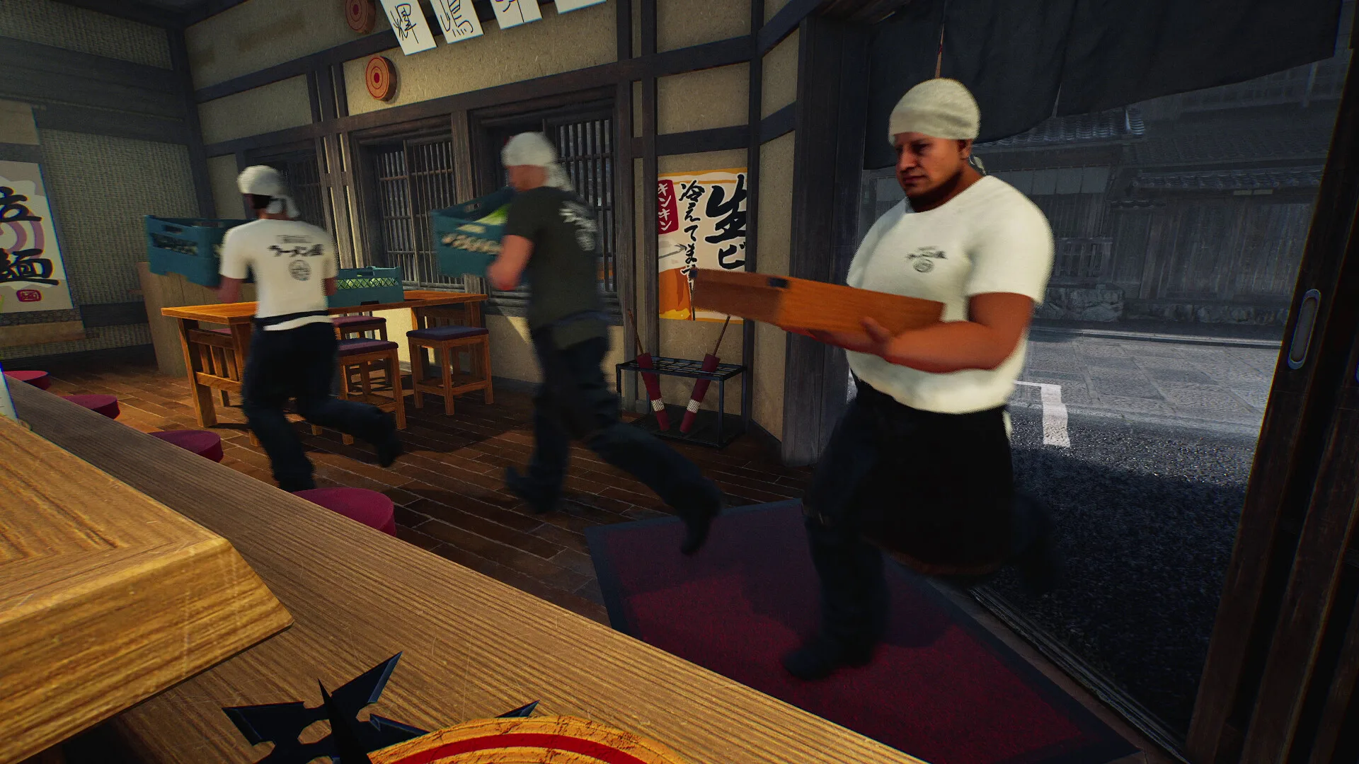 Official Japanese Ramen Simulator store screenshot: a staff member carrying a wooden crate across the dining room, a shuriken resting on the table in the foreground Official Japanese Ramen Simulator store screenshot: a staff member carrying a wooden crate across the dining room, a shuriken resting on the table in the foreground