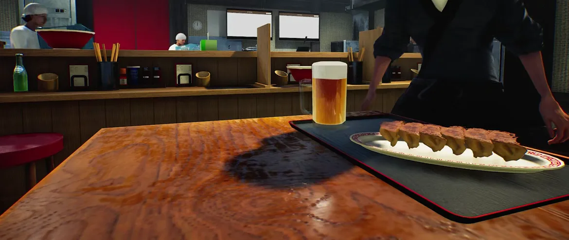 A black and red rimmed tray on a wooden table in Japanese Ramen Simulator carrying a thick-headed beer and six pan-fried gyoza — side dishes confirmed by official copy, though their prices are not announced