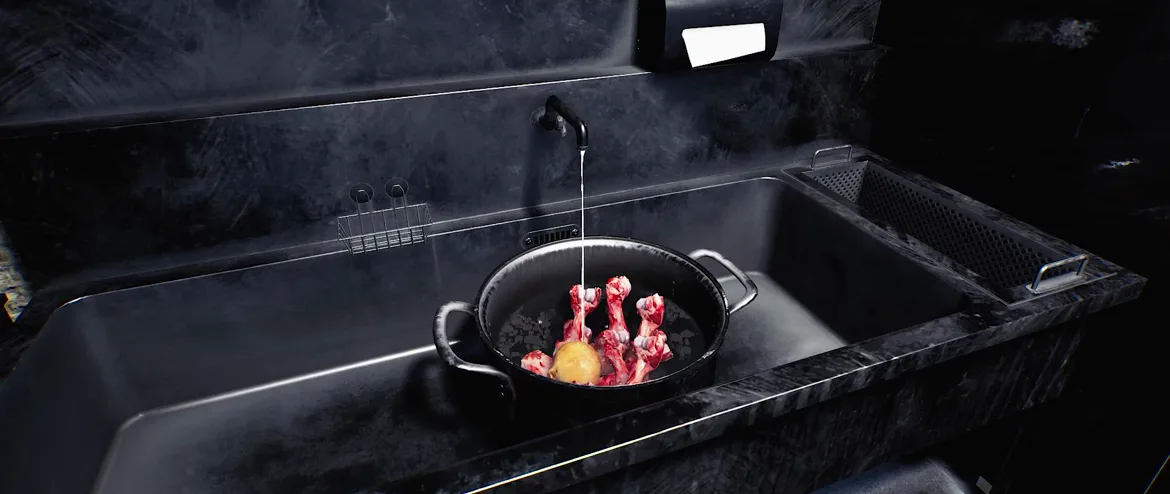 Japanese Ramen Simulator black stockpot sitting in a stainless steel double sink under a running tap, filled with raw meaty bones standing upright being rinsed and blanched