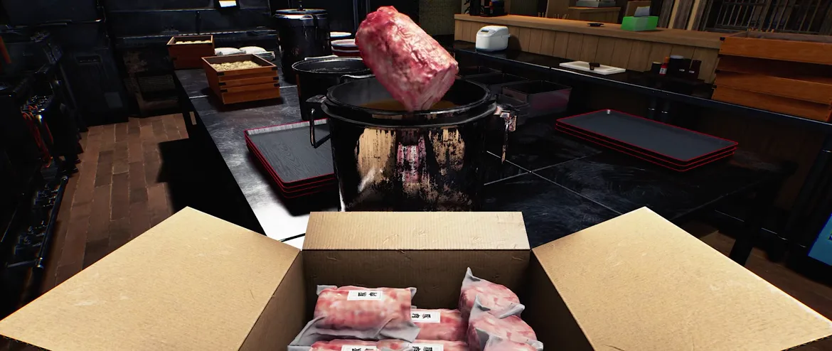 Japanese Ramen Simulator first-person view into an opened cardboard delivery box holding vacuum-packed raw pork blocks with small white Japanese labels, while a piece of meat is lifted over a blackened stockpot behind it