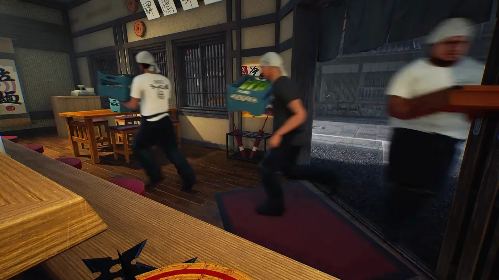 Three staff in white head scarves run past the counter carrying blue produce crates and a wooden tray through the Japanese Ramen Simulator dining room at 0:08, with a shuriken stuck in a wooden target on the counter corner