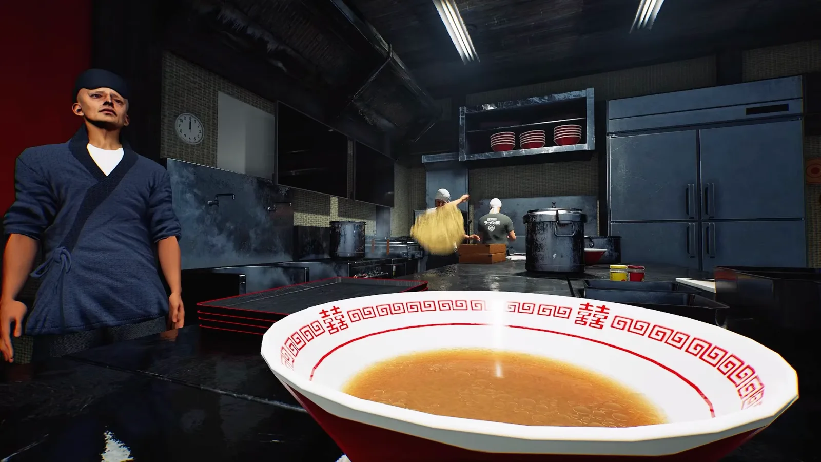 Japanese Ramen Simulator online co-op kitchen Two teammates working the shared kitchen in Japanese Ramen Simulator online co-op, seen from the official trailer