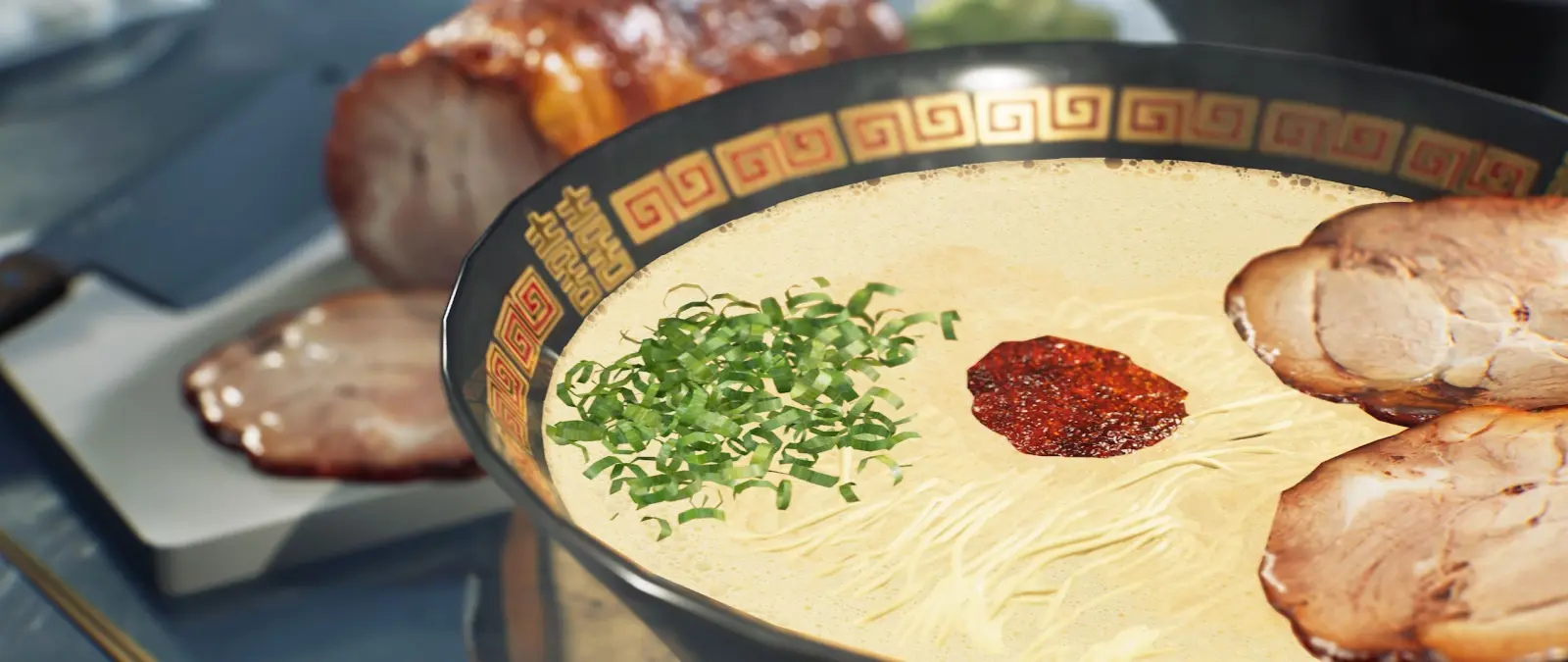 The final bowl check in Japanese Ramen Simulator, a pool of red chili paste and a heap of chopped scallion resting beside chashu slices in pale broth while the rolled roast waits on the cutting board behind The final bowl check in Japanese Ramen Simulator, a pool of red chili paste and a heap of chopped scallion resting beside chashu slices in pale broth while the rolled roast waits on the cutting board behind