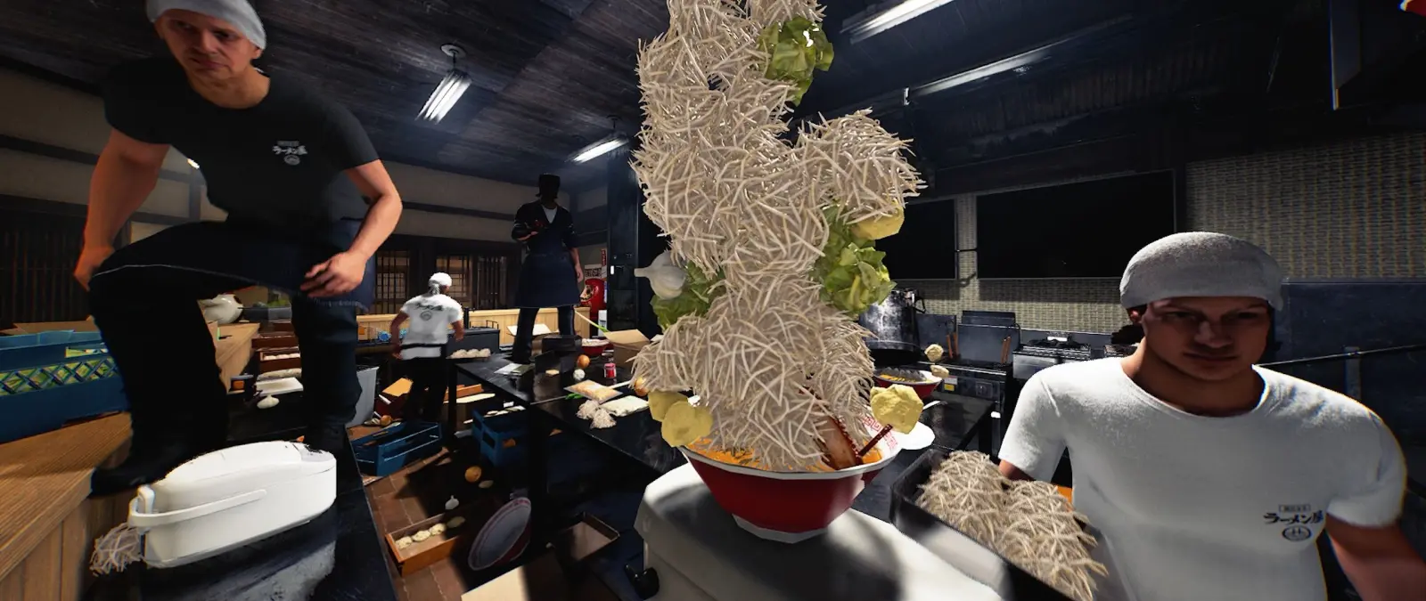 Two finished bowls from Japanese Ramen Simulator sit side by side on a wooden counter, a golden soy-sauce broth bowl with chashu seasoned egg halves and standing nori next to a bowl buried under a tall mountain of bean sprouts Two finished bowls from Japanese Ramen Simulator sit side by side on a wooden counter, a golden soy-sauce broth bowl with chashu seasoned egg halves and standing nori next to a bowl buried under a tall mountain of bean sprouts