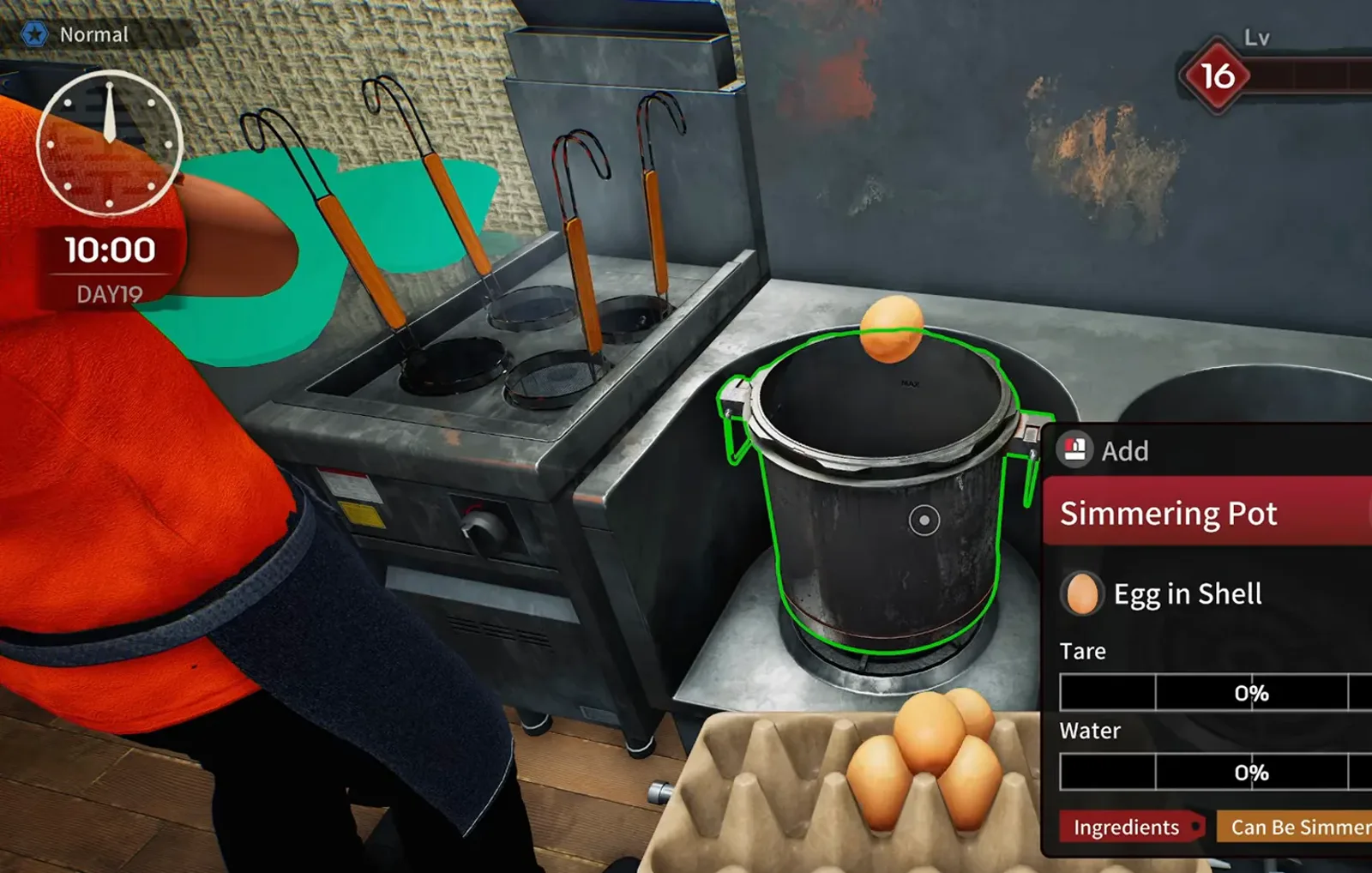 Japanese Ramen Simulator Add Simmering Pot UI dropping a shell egg into the highlighted pot beside a cardboard egg carton on the stainless counter at 10:00 on day 19 morning prep Japanese Ramen Simulator Add Simmering Pot UI dropping a shell egg into the highlighted pot beside a cardboard egg carton on the stainless counter at 10:00 on day 19 morning prep