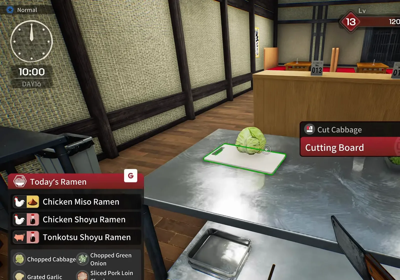 Japanese Ramen Simulator Cut Cabbage prompt on a white cutting board with a whole green cabbage and cleaver on the stainless prep table while Today’s Ramen lists chopped cabbage on day 16 at 10:00 Japanese Ramen Simulator Cut Cabbage prompt on a white cutting board with a whole green cabbage and cleaver on the stainless prep table while Today’s Ramen lists chopped cabbage on day 16 at 10:00