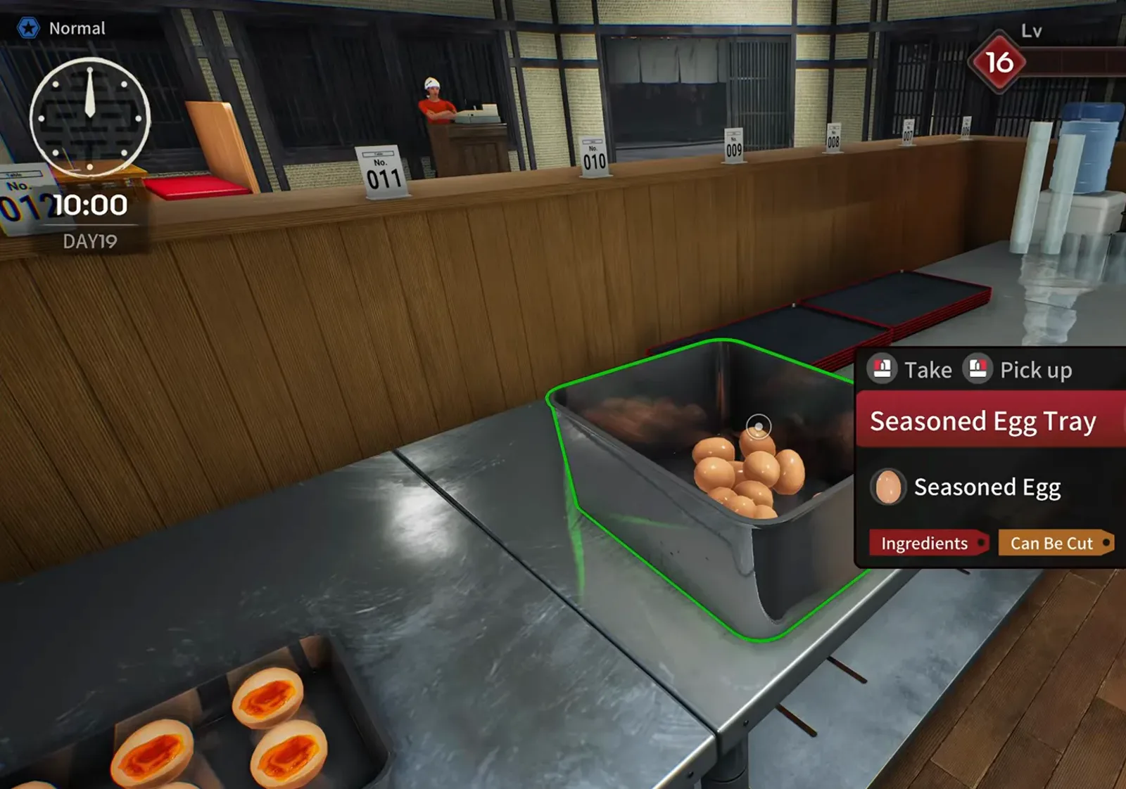 Japanese Ramen Simulator Seasoned Egg Tray UI on the stainless pass holding sixteen whole marinated eggs tagged Can Be Cut with a tray of halved eggs in the foreground at 10:00 on day 19 Japanese Ramen Simulator Seasoned Egg Tray UI on the stainless pass holding sixteen whole marinated eggs tagged Can Be Cut with a tray of halved eggs in the foreground at 10:00 on day 19