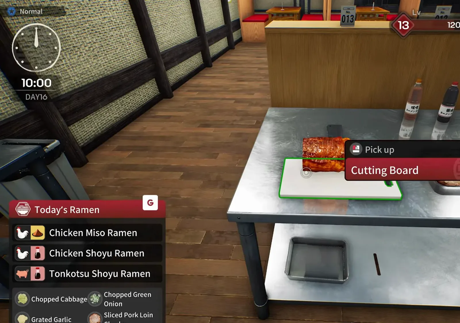 Japanese Ramen Simulator cooked pork loin chashu block resting on a white cutting board with a Pick up Cutting Board prompt on the stainless prep table at 10:00 on day 16 Japanese Ramen Simulator cooked pork loin chashu block resting on a white cutting board with a Pick up Cutting Board prompt on the stainless prep table at 10:00 on day 16