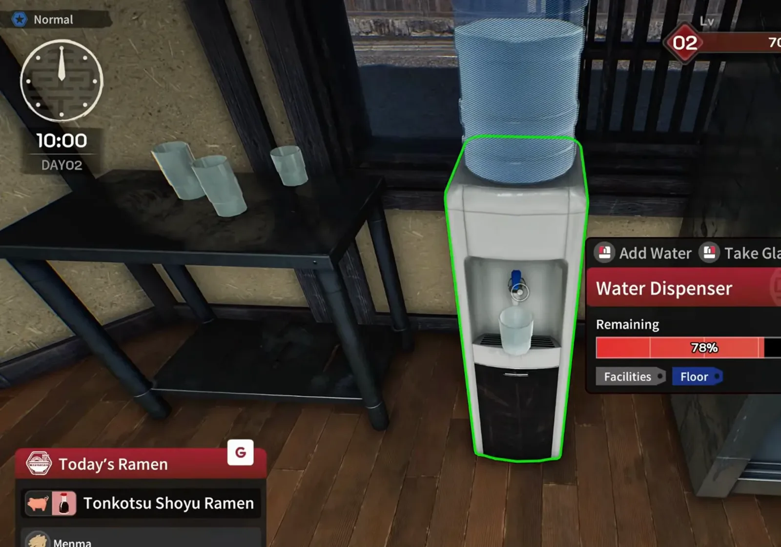 Japanese Ramen Simulator Water Dispenser UI at 78 percent remaining with three empty glasses stacked on a black two-tier cart beside the blue jug on day 2 morning prep before customers arrive Japanese Ramen Simulator Water Dispenser UI at 78 percent remaining with three empty glasses stacked on a black two-tier cart beside the blue jug on day 2 morning prep before customers arrive